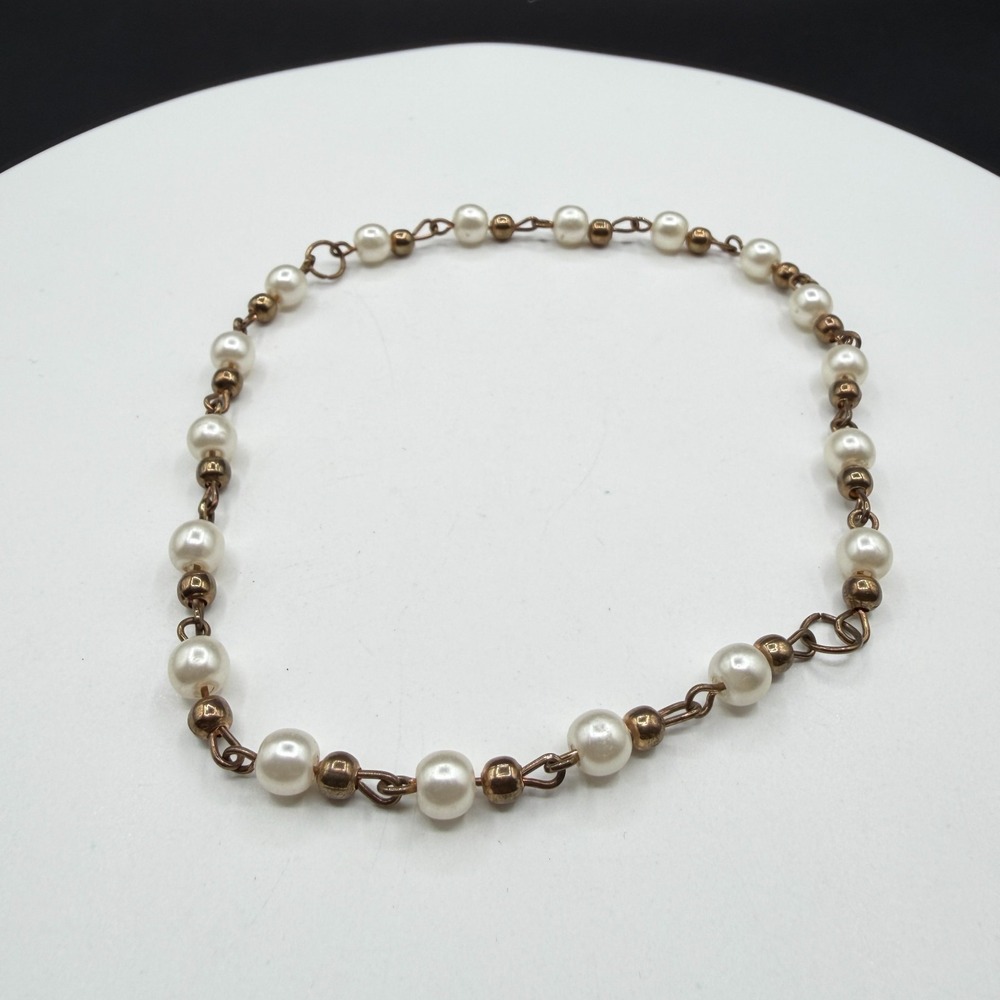 Faux Pearl Bronze Tone Link Chain Bracelet Coquette Romantic Boho Jewelry Gift